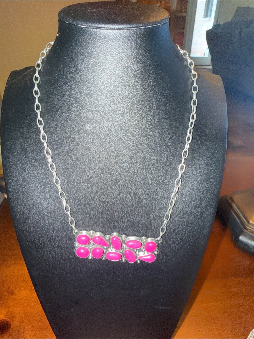 Silver Chain Necklace with Pink Gemstone Cluster